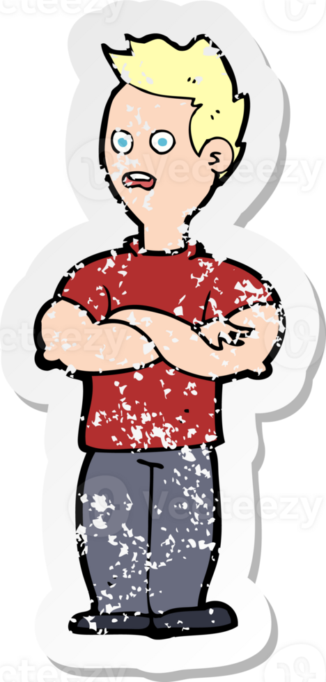 retro distressed sticker of a cartoon man with crossed arms drawing png
