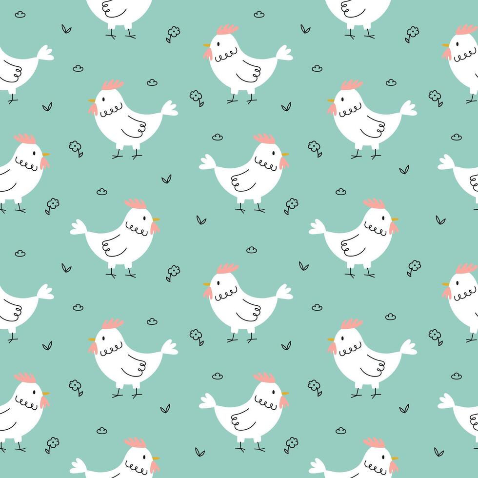 Pattern with cute chicken and doodle flowers vector