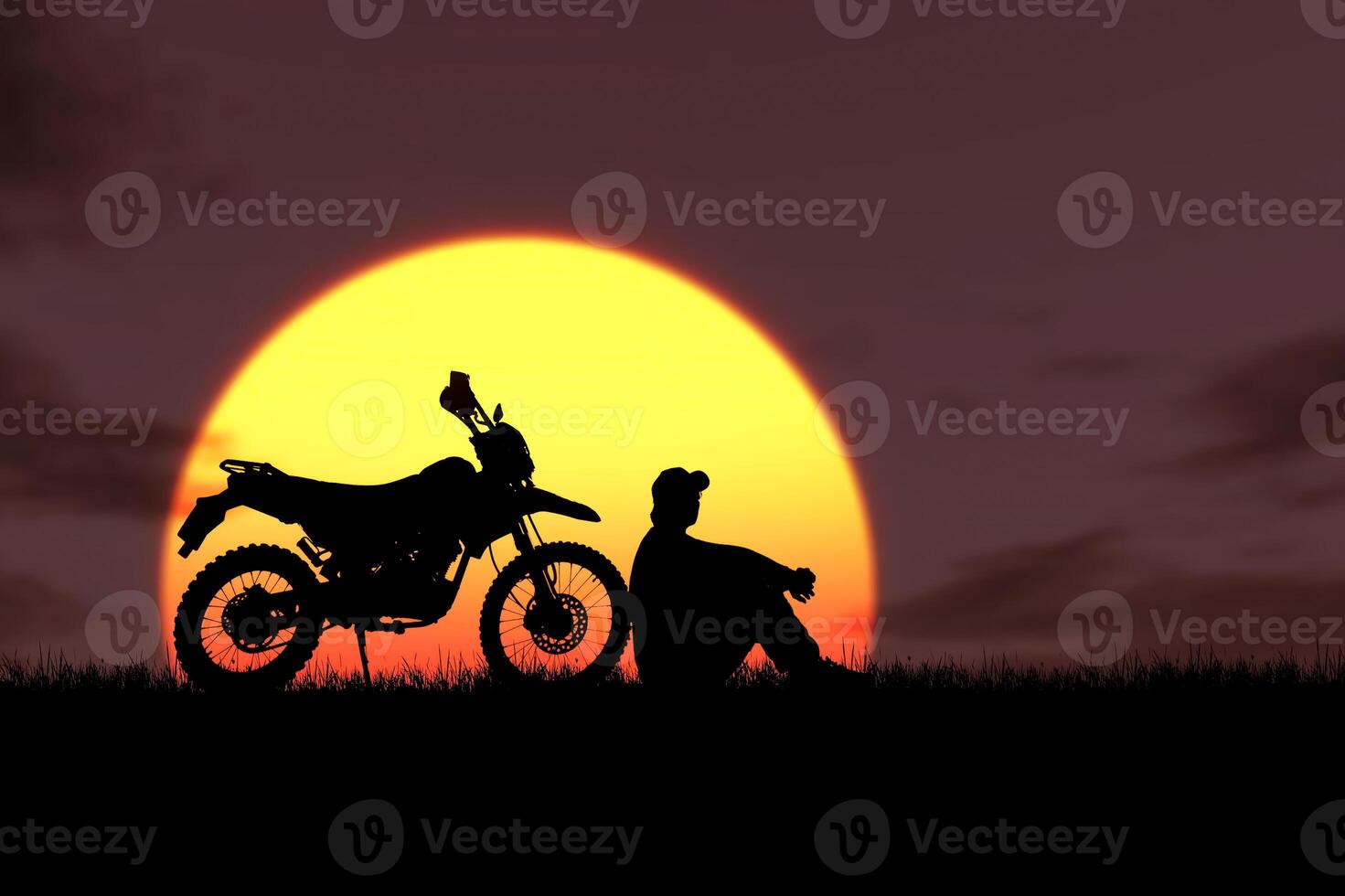 Silhouette of a Person and Motorcycle Against a Vibrant Sunset Sky, Capturing the Essence of Adventure and Freedom in a Serene Natural Landscape photo