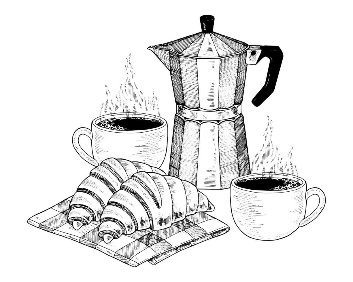 Cups of Coffee and Croissants. hand drawn illustration. Moka pot and buns. Vintage white and black line art on background. Food clipart sketch drawing. For cafe and coffeeshop menu design vector