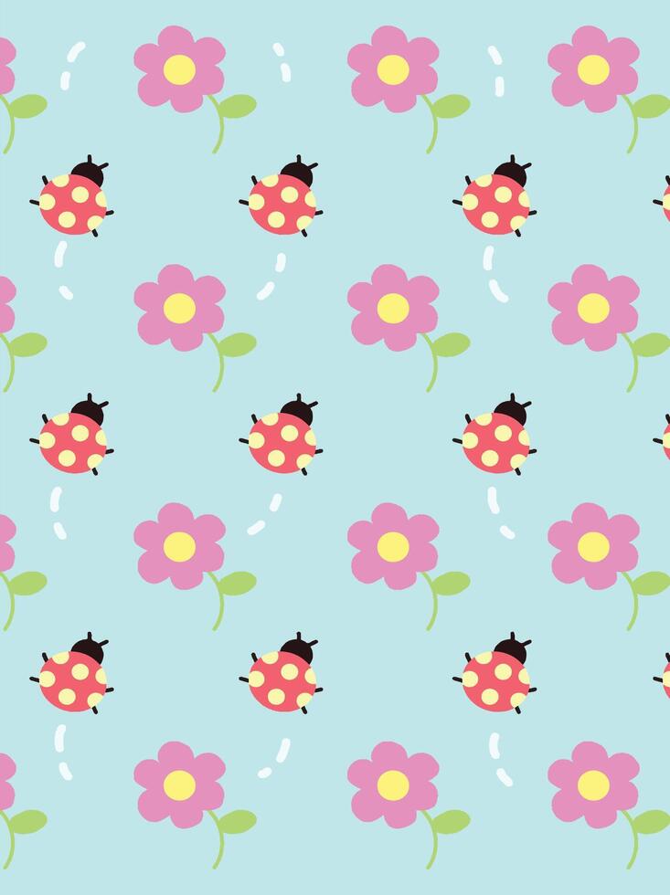 Flowers and ladybugs pattern cartoon style. vector