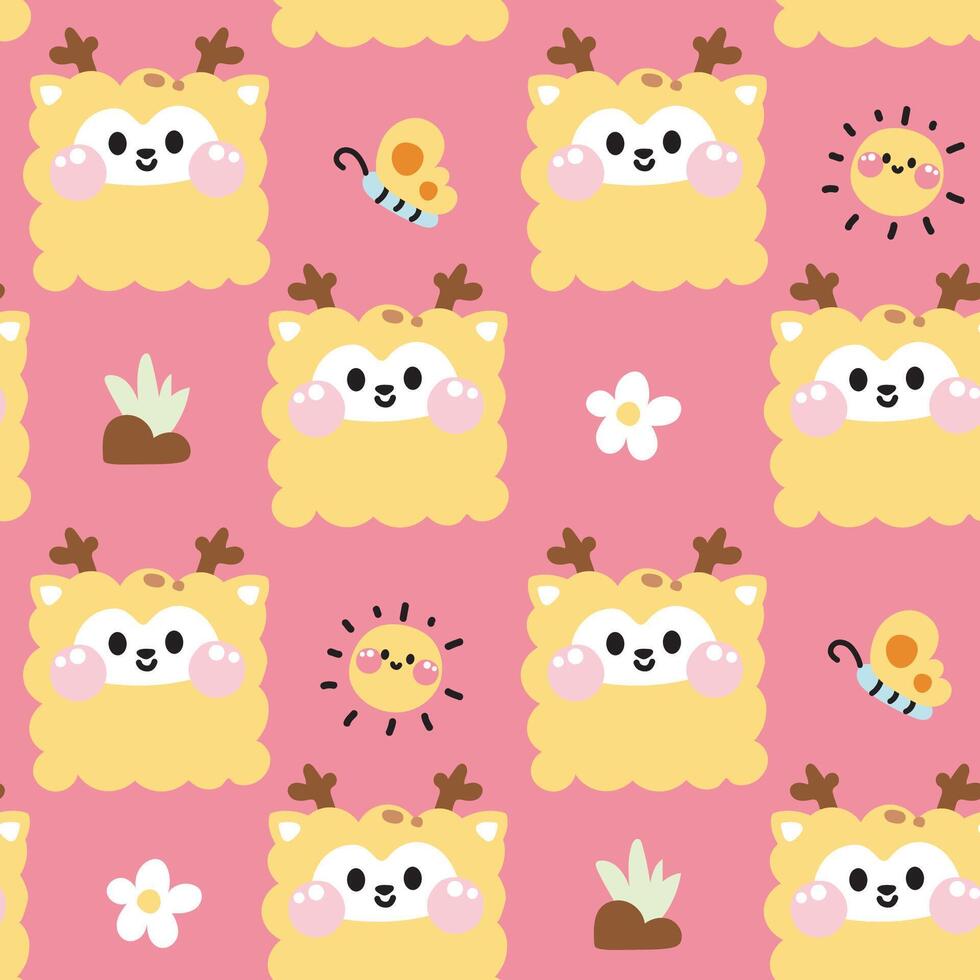 Seamless pattern of cute deer in curve shape with icon background.Flower,sun,butterfly.Face.Head.Cartoon wild animal character design.Image for card,poster,baby clothing.Kawaii.Illustration. vector