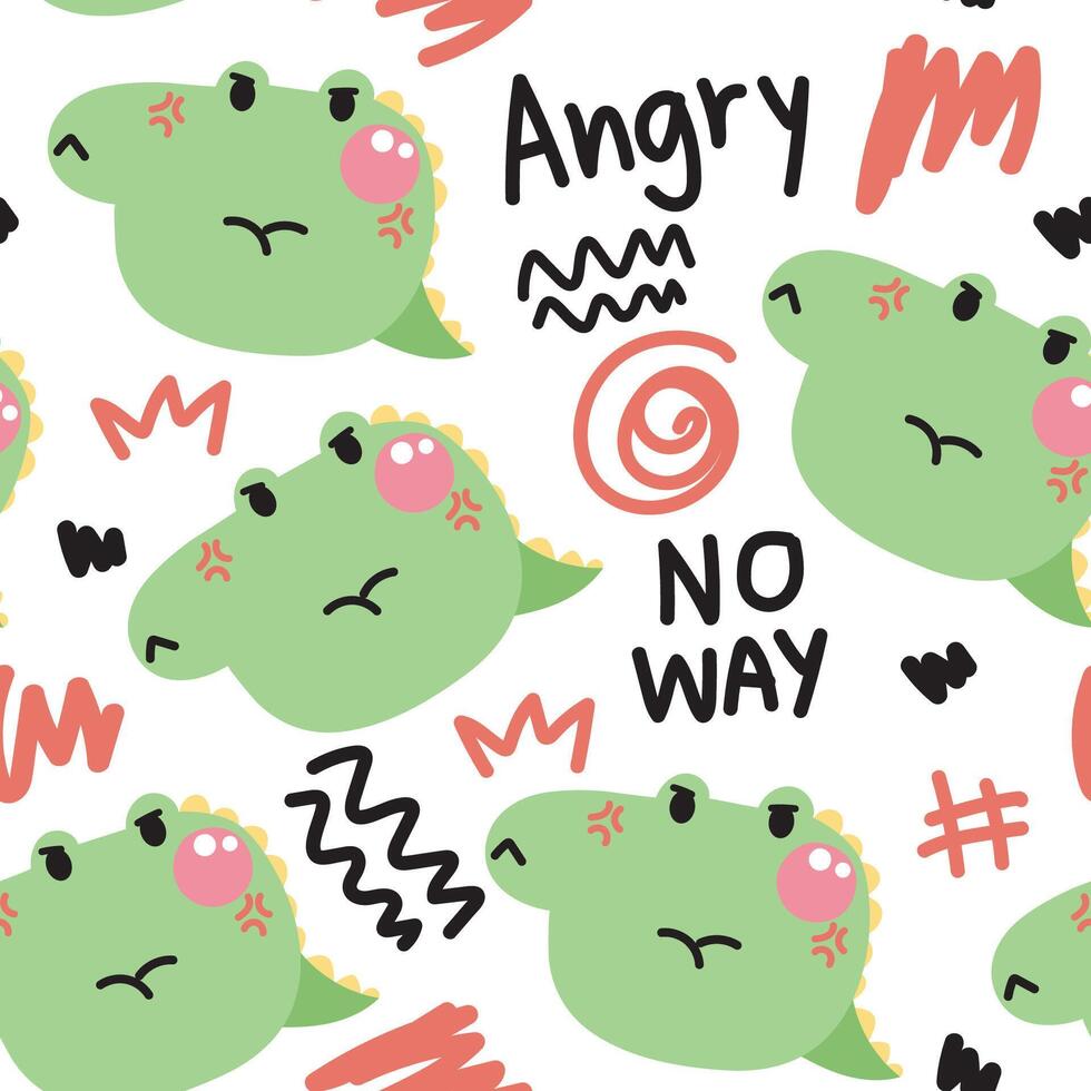 Seamless pattern of cute crocodile round shape in angry feeling with pencil hand drawn background.Reptile animal character cartoon.Image for card,t shirt print screen,baby clothing.Kawaii.Illustration vector