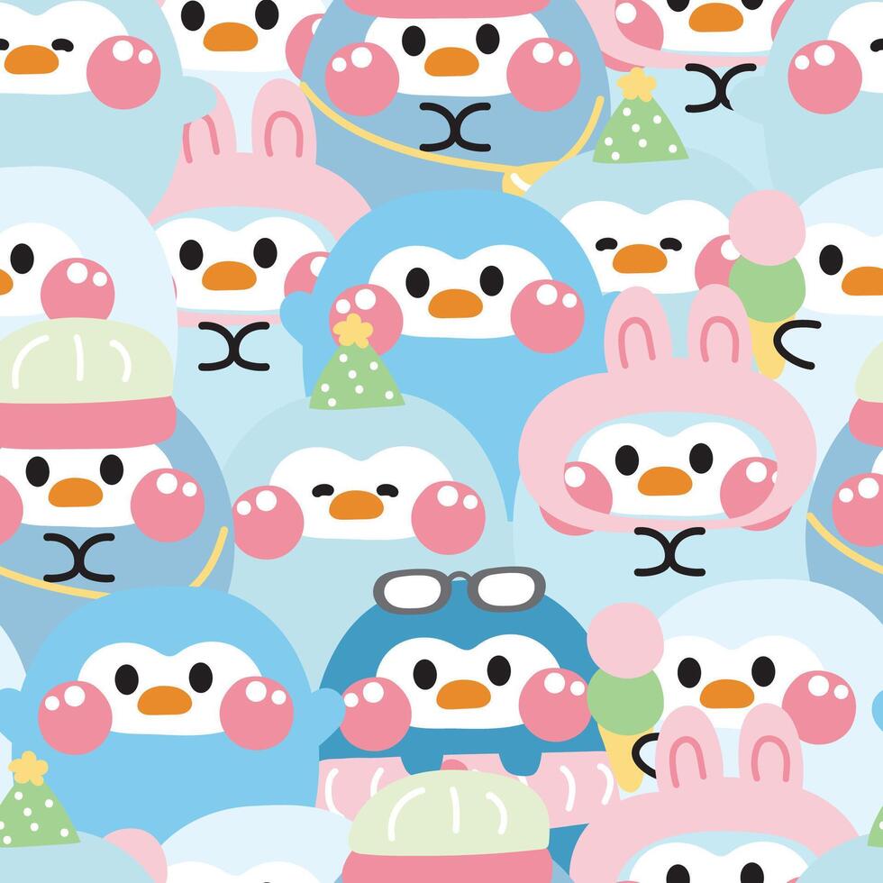 Repeat.Seamless pattern of cute penguin round shape various feeling background.Bird animal character cartoon.Image for card,t shirt print screen,baby clothing.Kawaii.Illustration vector