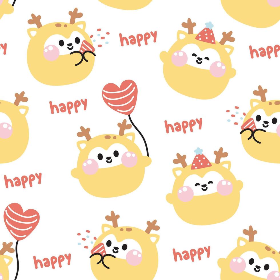 Seamless pattern of cute deer round shape in party concept with happy text background.Wild animal character cartoon.Image for card,t shirt print screen,baby clothing.Kawaii.Illustration vector
