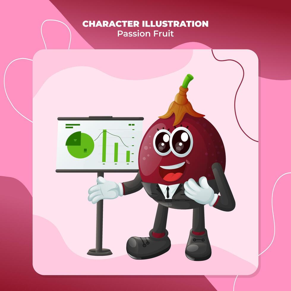 Cute passion fruit character presenting financial reports vector