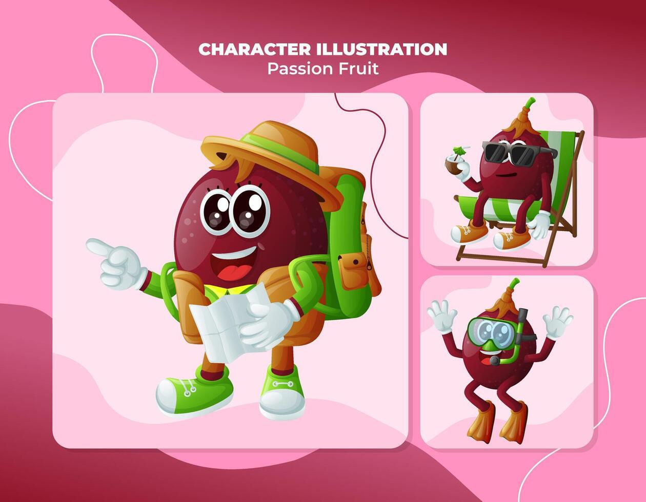 Cute passion fruit characters on vacation vector