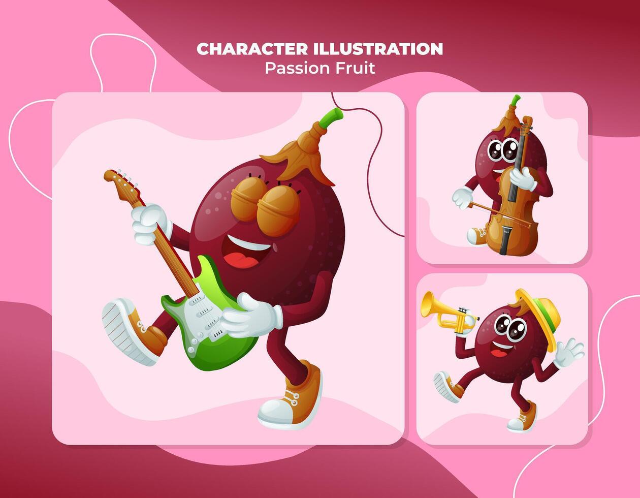 Cute passion fruit characters playing musical instruments vector