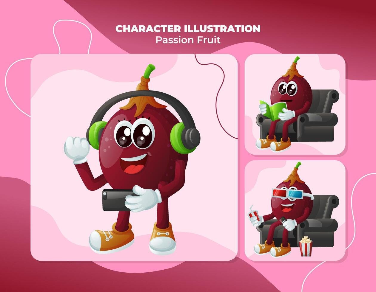 Cute passion fruit characters enjoying leisure activities vector