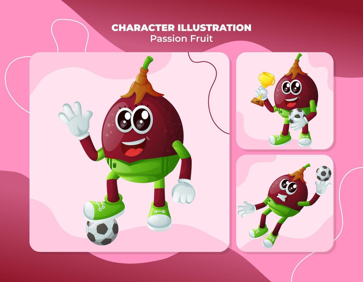 Cute passion fruit characters playing soccer vector
