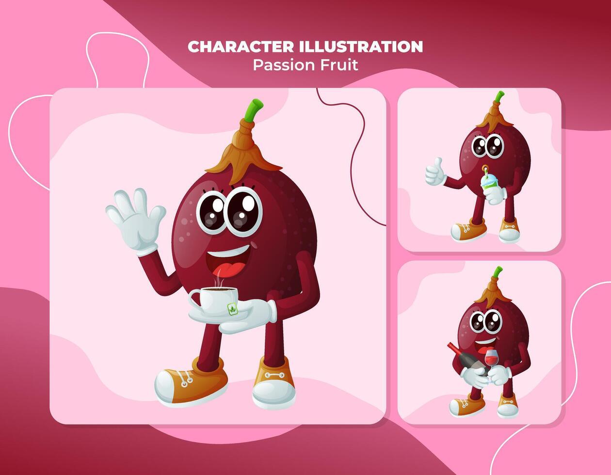 Cute passion fruit characters enjoying beverages vector