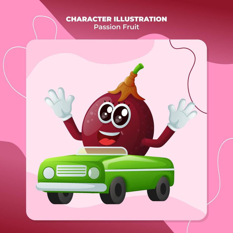 Cute passion fruit character playing with car toy vector