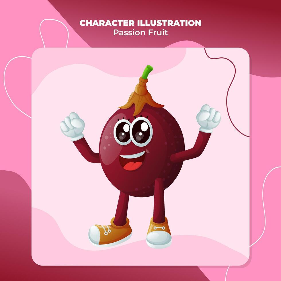 Cute passion fruit character making a victory sign with his hand vector