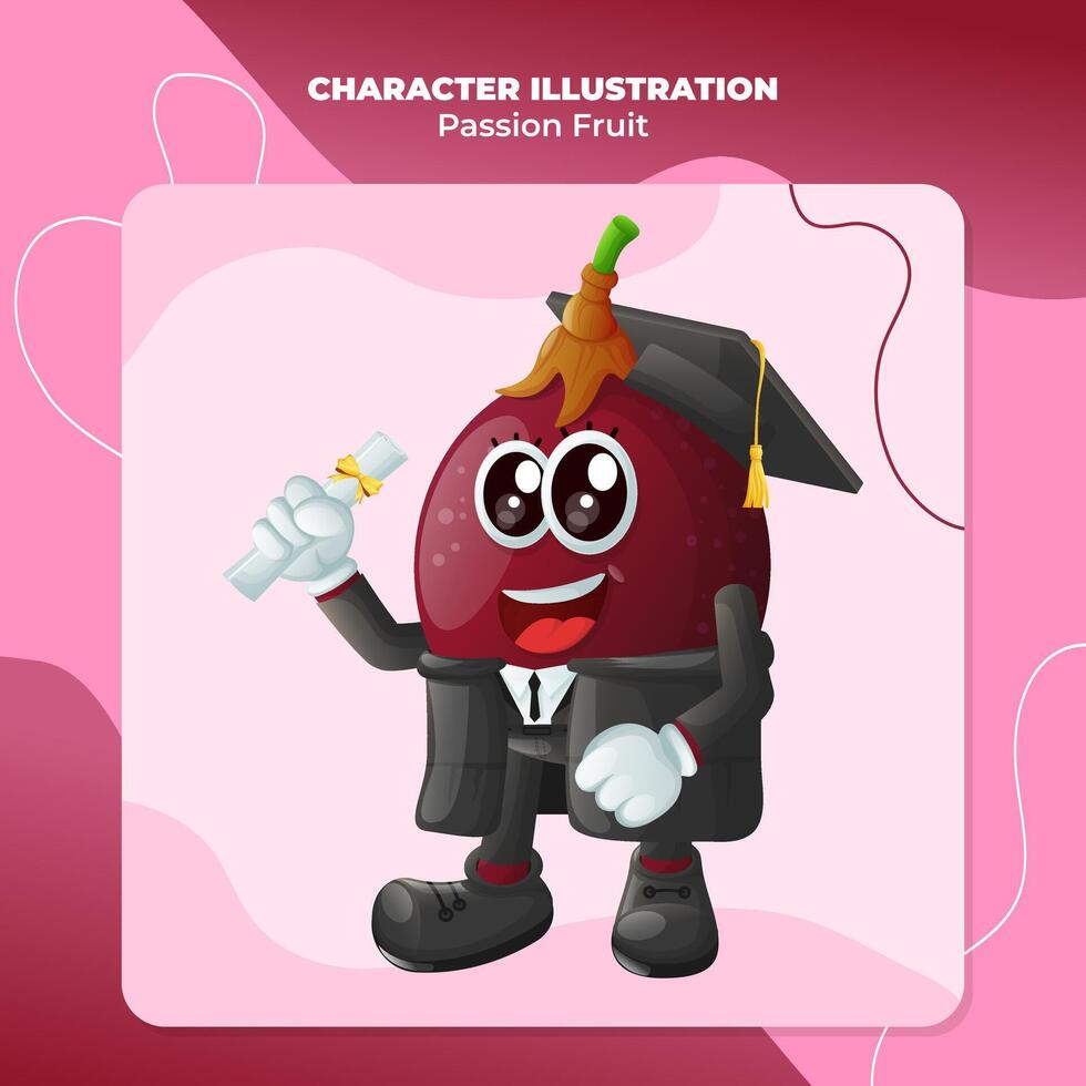Cute passion fruit character wearing a graduation cap and holding a diploma vector