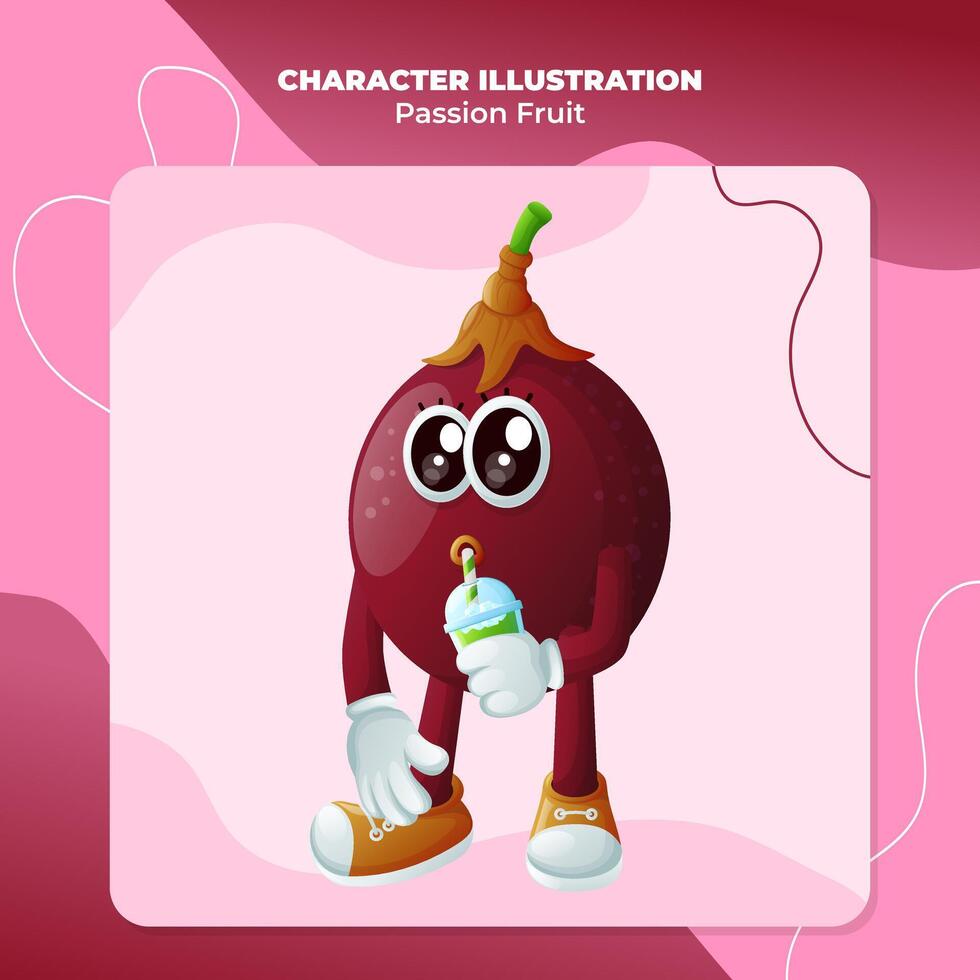 Cute passion fruit character drinking a green smoothie with a straw vector