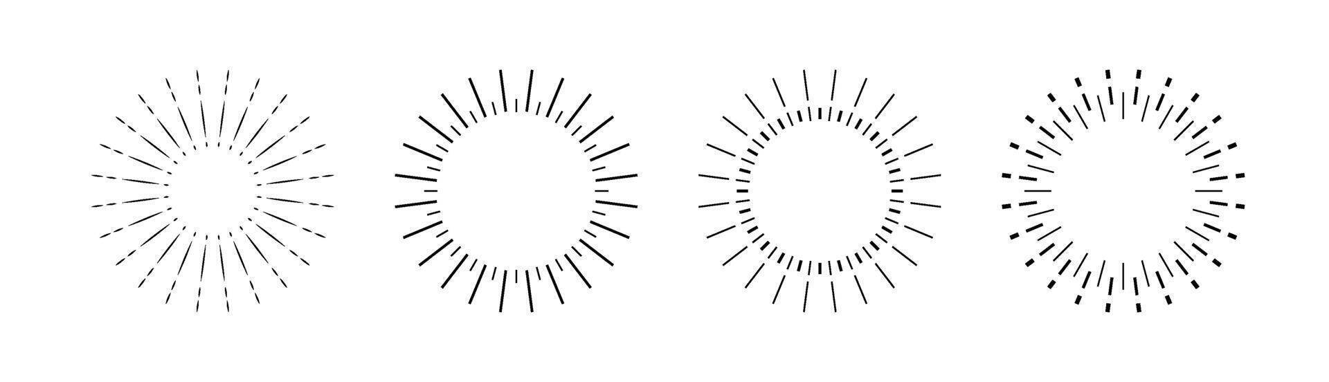 Sunburst set Outline. Sun ray illustration isolated. Rays light, burst line, sunshine sunbeam, firework explosion, stars template vector