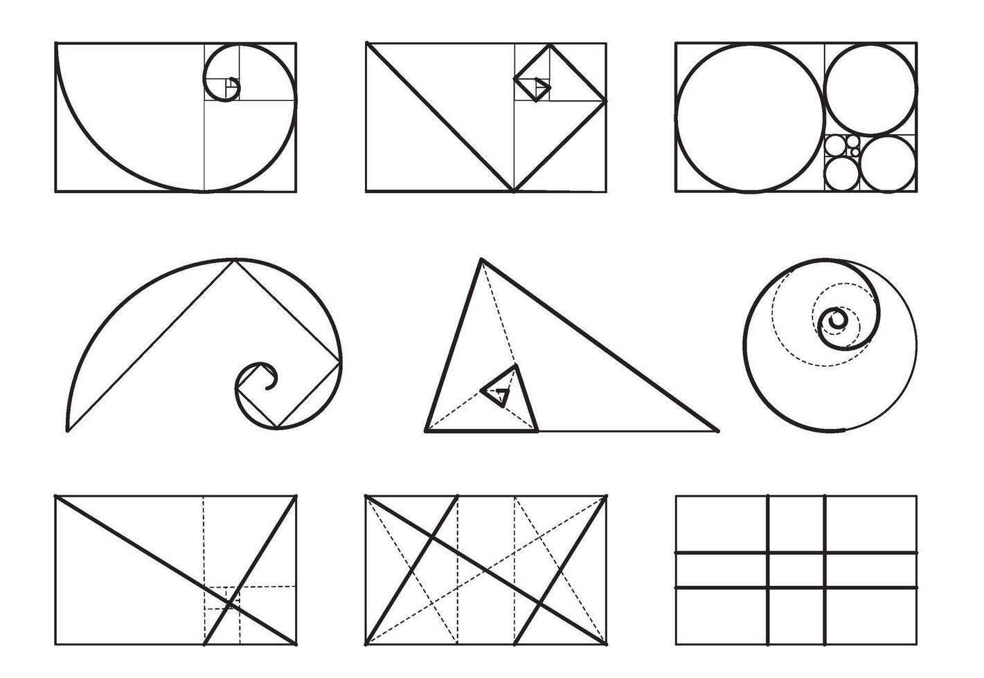 Golden ratio template outline set. Logarithmic spiral in rectangle frame fracted on lines, squares and circles. Symmetry proportions . vector
