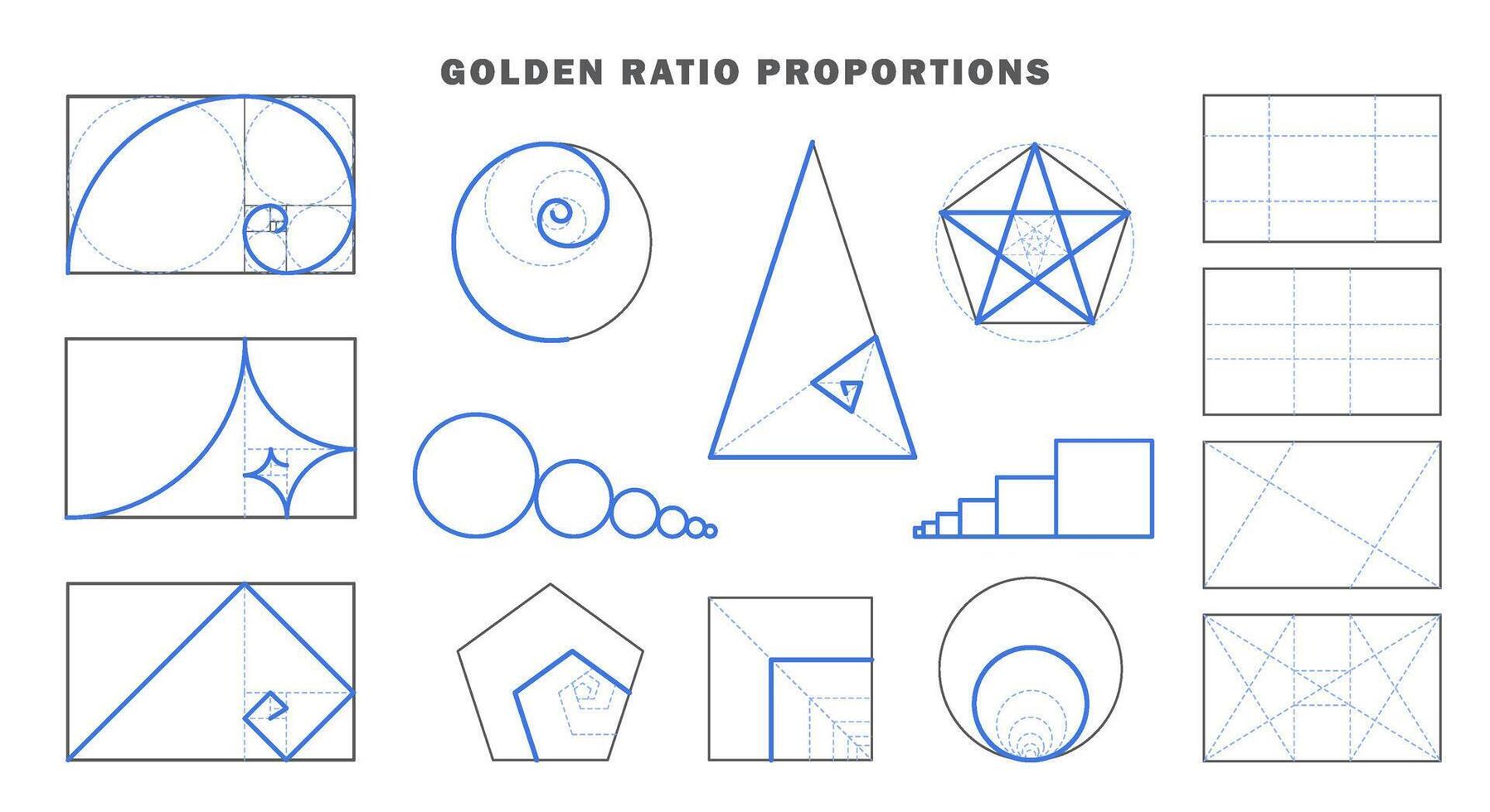 Golden ratio proportions template. Mathematics and geometry sequence grids, image symmetry or balance backgrounds with circles and divine lines. vector