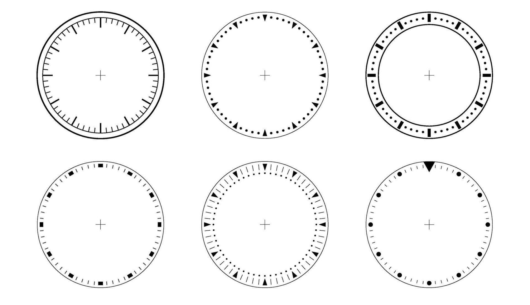 Circles of clock faces for time. Template dial of watch. Blank timer isolated vector