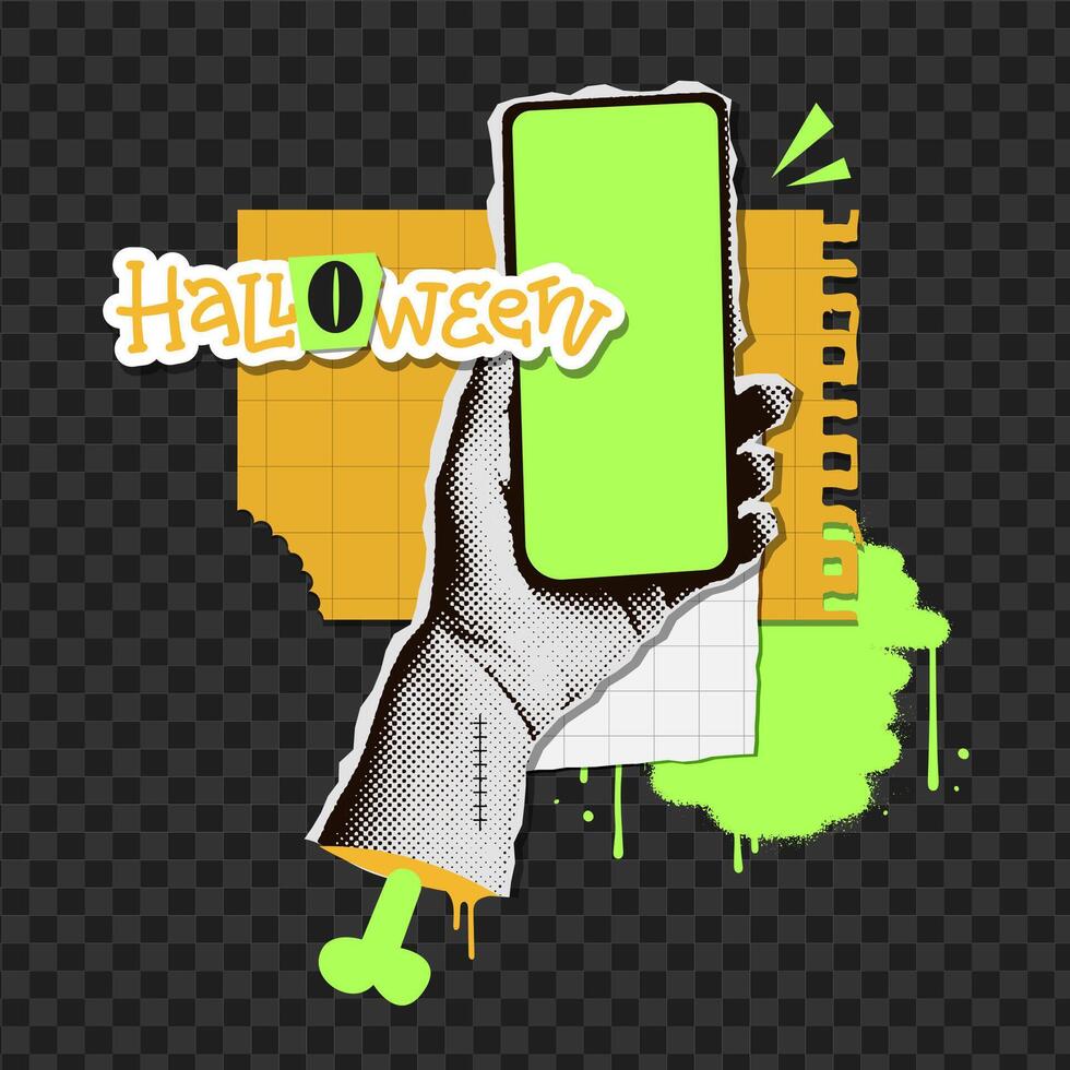 Holiday banner for Halloween in halftone collage style. Torn out paper zombie hand holds phone. Ad banner for discount offer for Halloween sale events with halftone items and lettering. vector