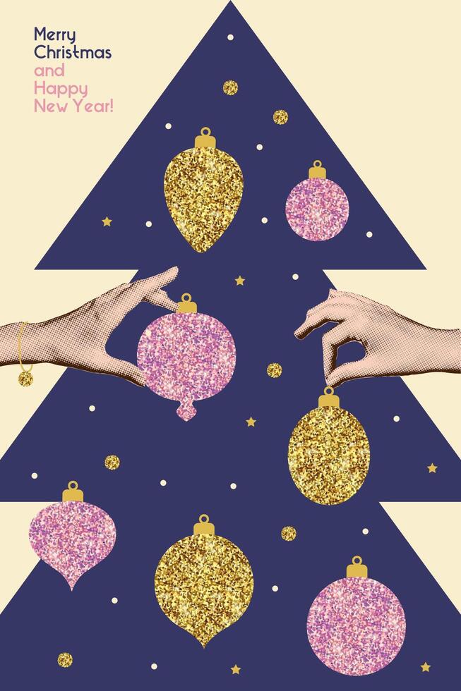 Halftone collage for Merry Christmas and Happy New Year. Hands decorating a Christmas tree with golden glitter baubles. illustration for greeting card,invitation, web banner,social media banner vector