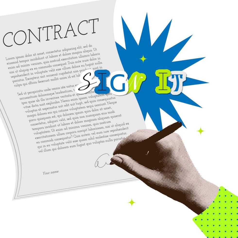 Filling out a document in halftone collage style. Signing, verification and approval of document. Female right hand writes on paper, signs contact, completes task. Contemporary mixed media art. vector