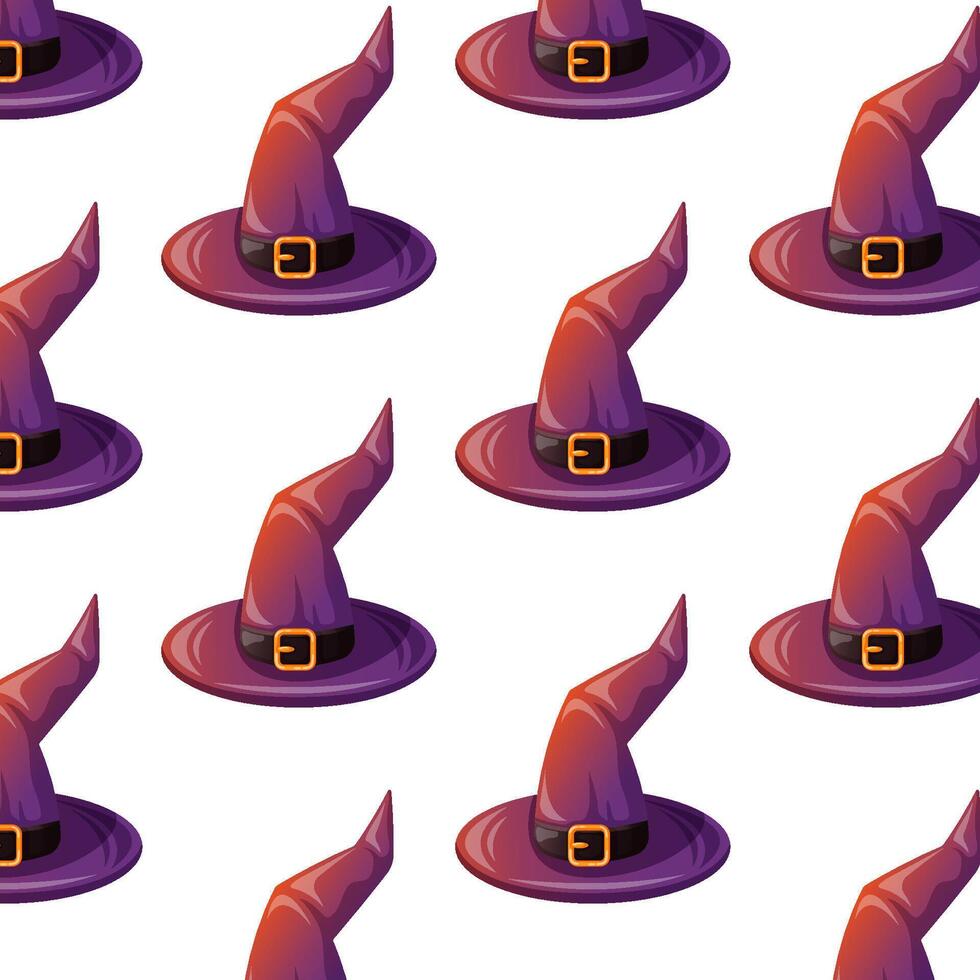 Halloween wizard hat seamless pattern in cartoon style. Magic spooky purple witch cap design for wallpaper, textile. illustration on a white background. vector