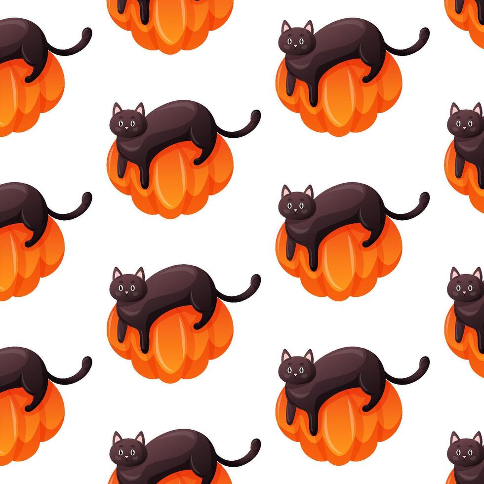 Cat lies on a pumpkin seamless pattern in cartoon style. Happy Halloween funny character for wallpaper and textile design. illustration on a white background. vector