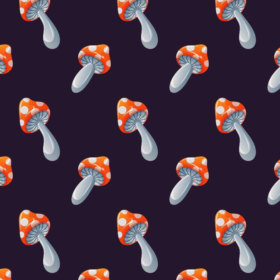 Fly agaric with red cap and white dots seamless pattern. Cartoon style. Mushroom design for Halloween design textile, wallpaper. illustration. vector