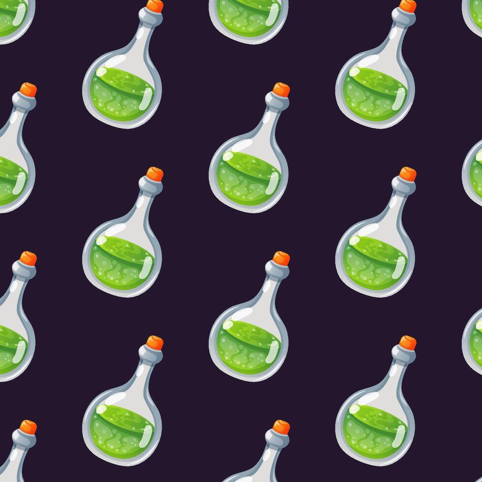 Magic potion in a bottle seamless pattern in cartoon style. Magic elixir in glass of green color for wallpaper design. illustration. vector