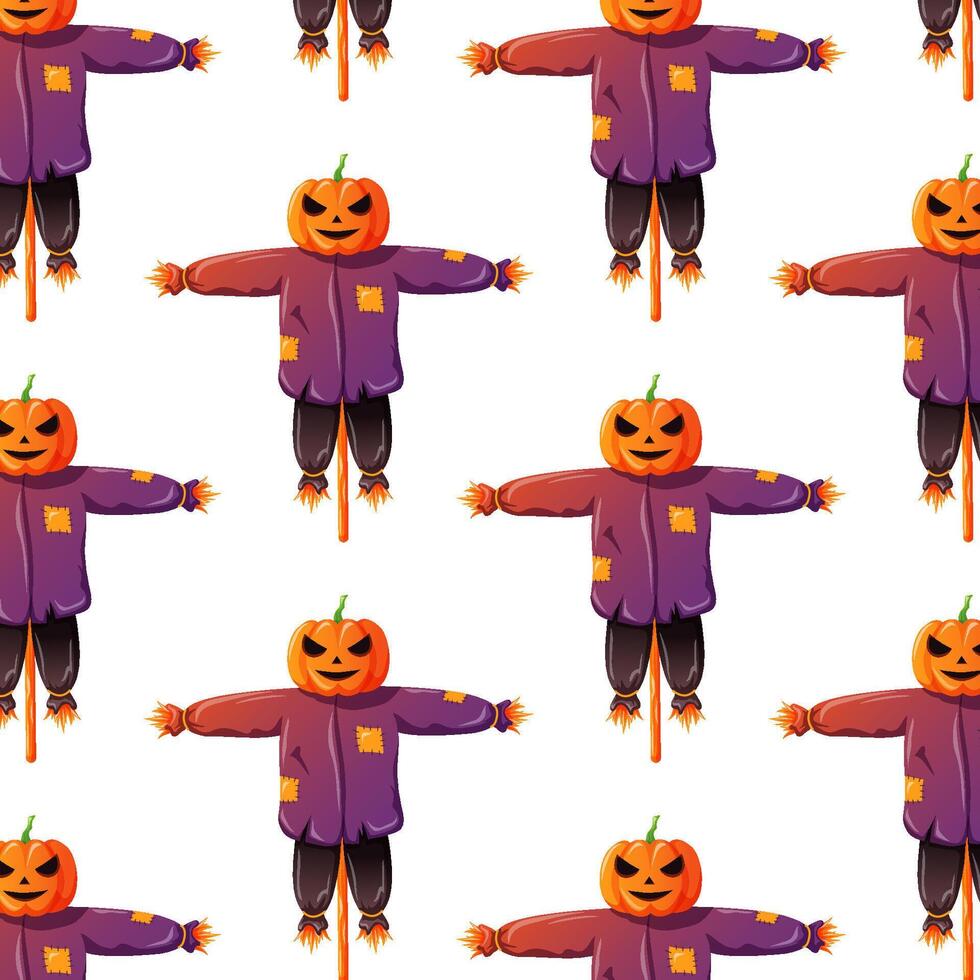 Scarecrow character with pumpkin head in cartoon style. Seamless pattern design for wallpaper and textile. Scarecrow Halloween, scare away birds from harvest. illustration on a white background vector