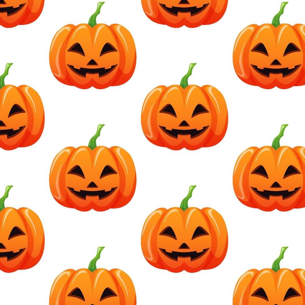 Halloween pumpkin seamless pattern in cartoon style. Scary pumpkin with smile, happy face. Orange squash for wallpaper, textile design. illustration on a white background. vector