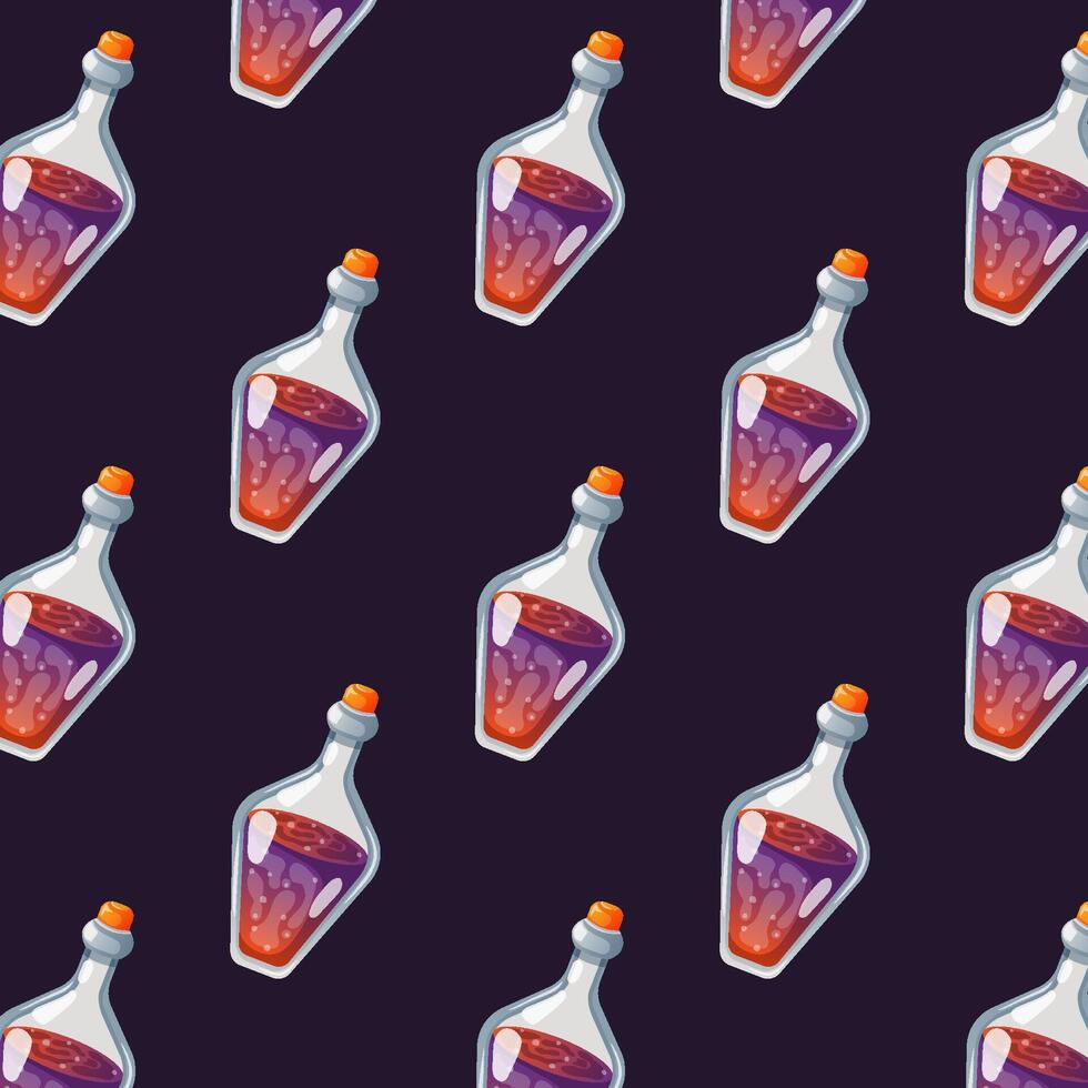 Bottles with magic potion seamless pattern in cartoon style. Glass flask and vial violet color liquid. October Halloween design for wallpaper, wrapping. illustration. vector