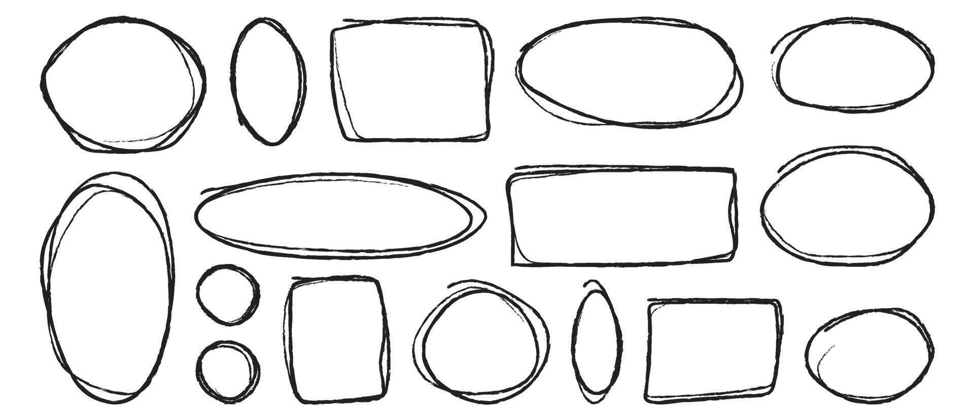 Set of hand drawn grunge circle and square highlights. Marker scratch scribble inrounder. Doodles for artwork different shapes vector