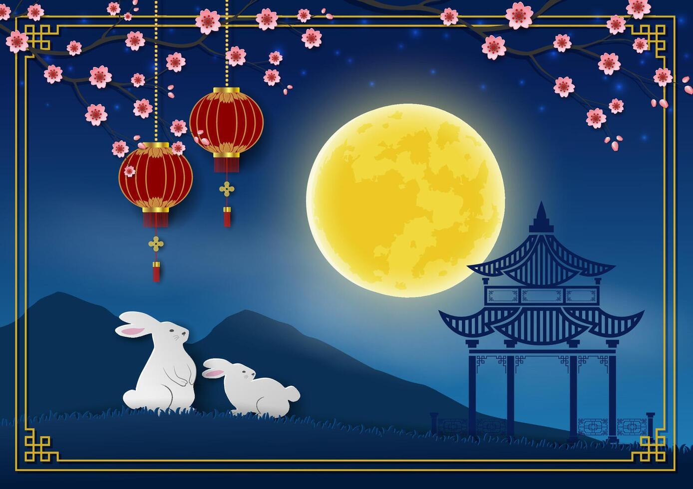 Mid Autumn or Moon Festival,full moon night with cute rabbits on background in shade of blue,Chinese translate mean Mid Autumn Festival vector