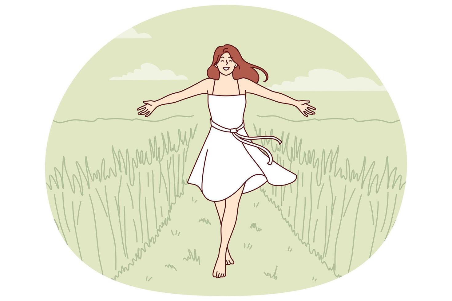 Woman walks along path among tall grass enjoying beautiful nature in rural or farming area vector