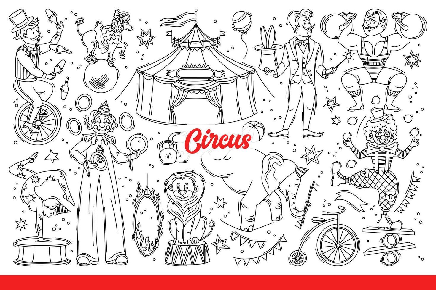 Circus performers and animals entertain spectators during performances in tent. Hand drawn doodle vector