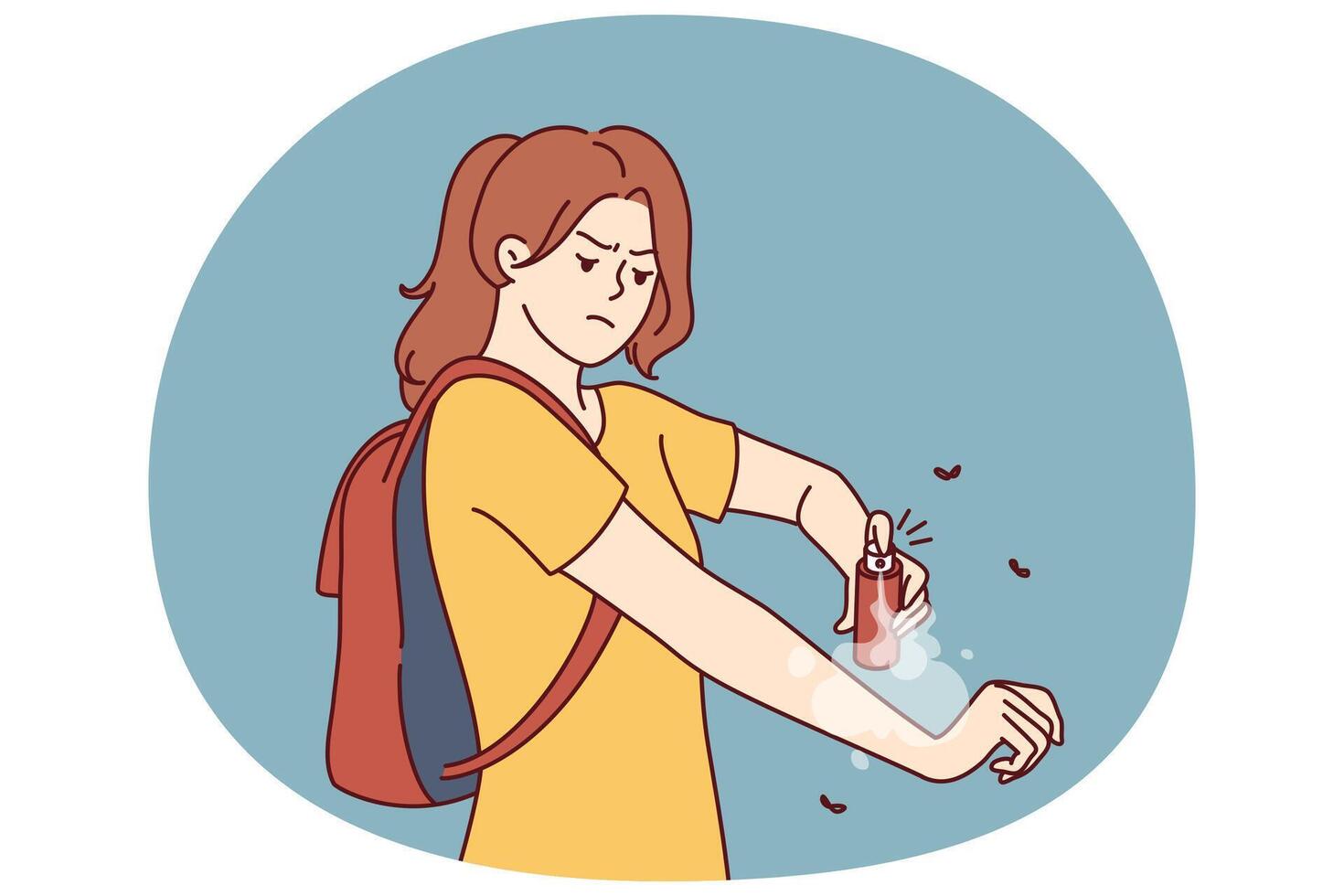 Woman hiker applies anti-malarial mosquito bite spray while hiking in wilderness in tropical area vector