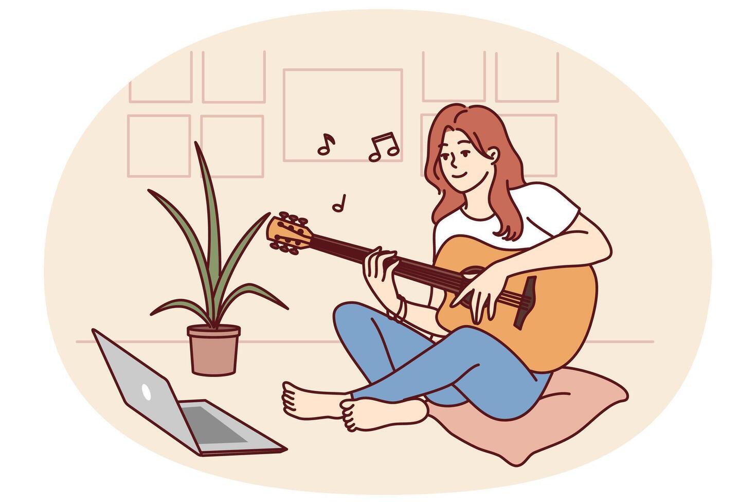Woman plays guitar sitting in front of laptop and gets musical skills from watching lesson vector