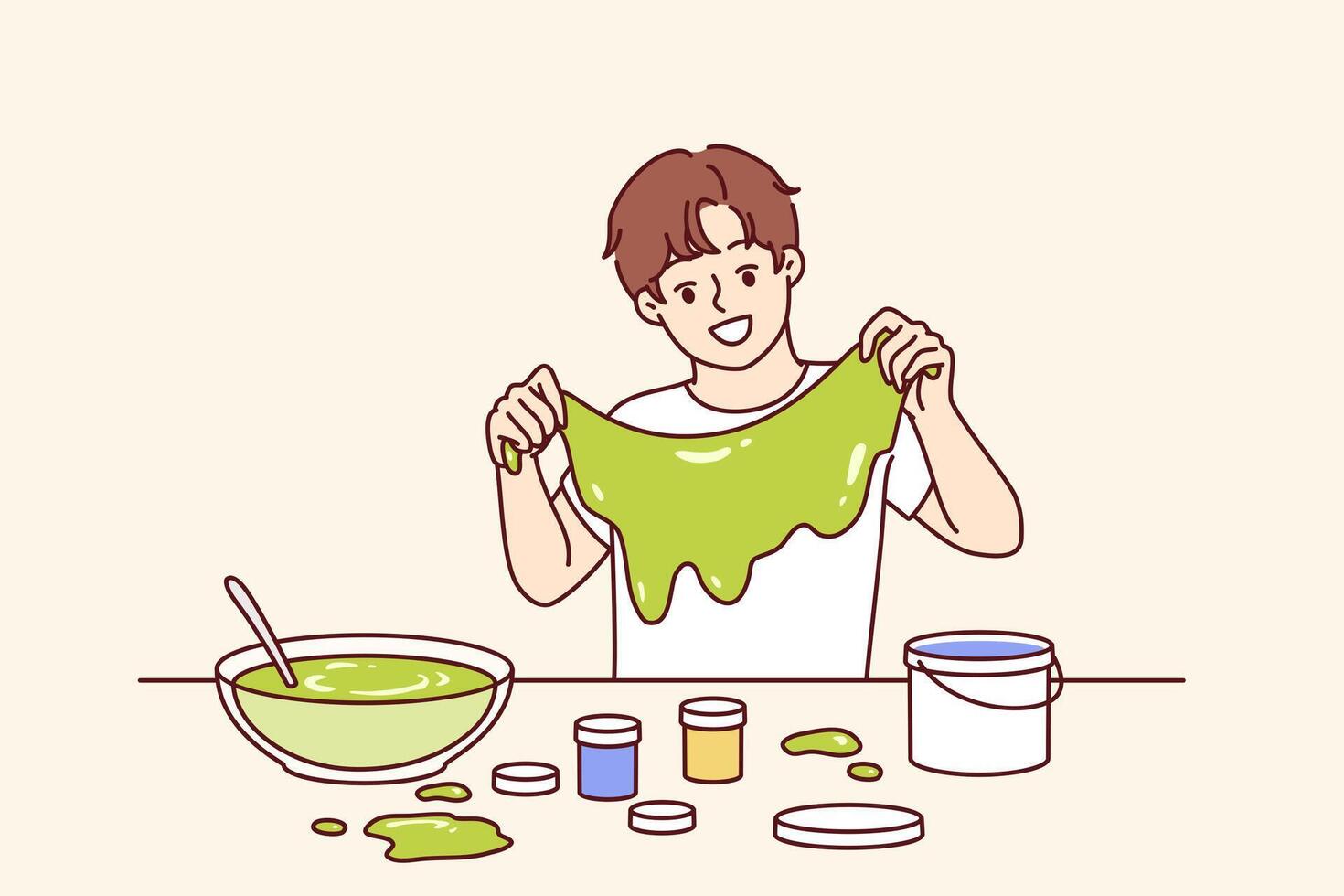 Homemade slime in hands boy who made toy thanks to knowledge of chemistry from elementary school vector