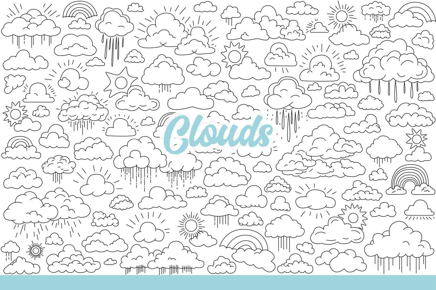 Clouds of different sizes float in sky with raindrops and sun or rainbow. Hand drawn doodle vector
