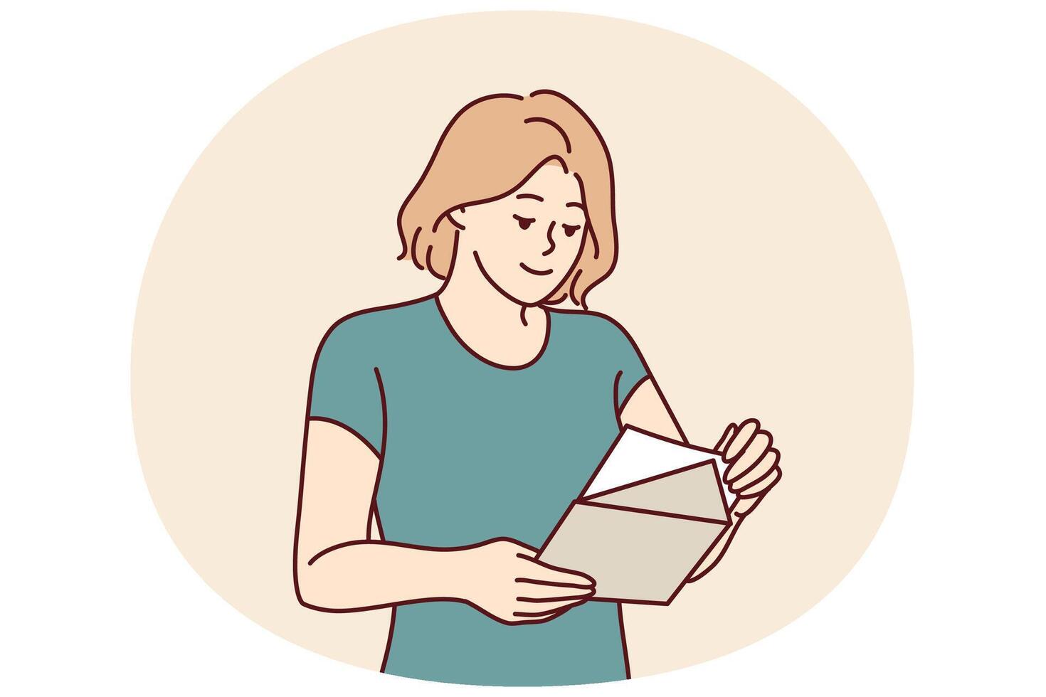Woman with envelope in hands reads letter received in mail with invitation to entertainment event vector