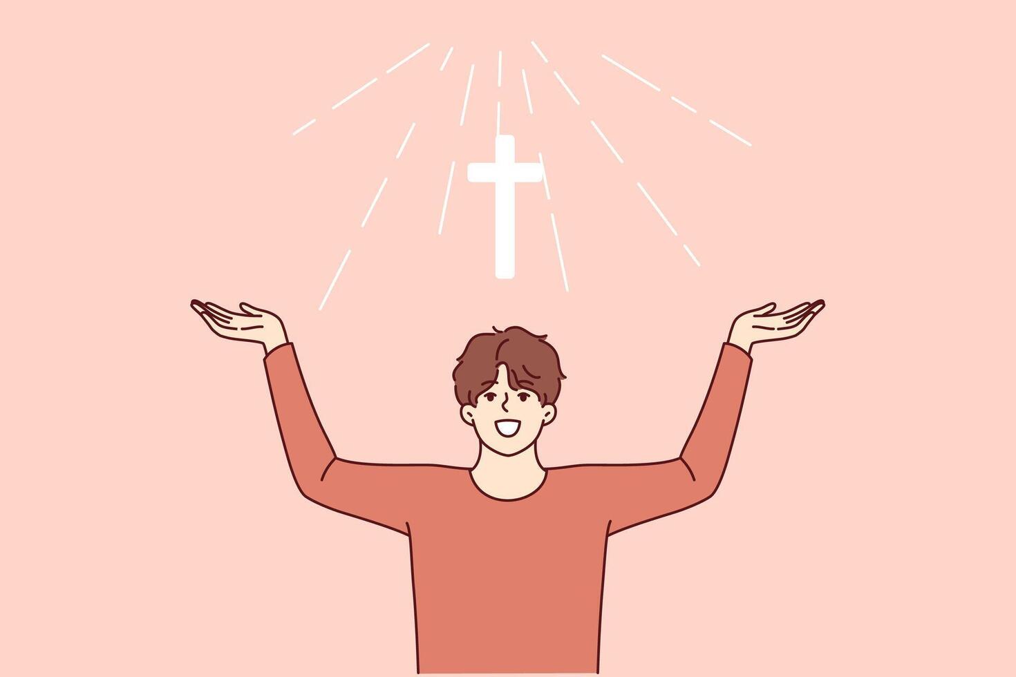 Man with christian cross above head rejoices at light coming from heaven and calls to pray vector