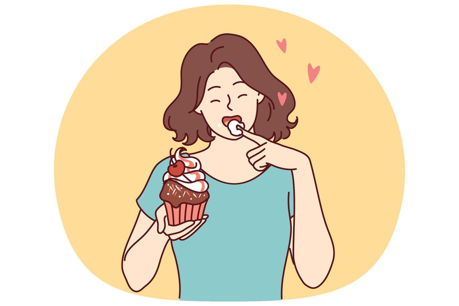 Woman eats delicious cupcake, licking sweet cream from finger and enjoying appetizing dessert vector
