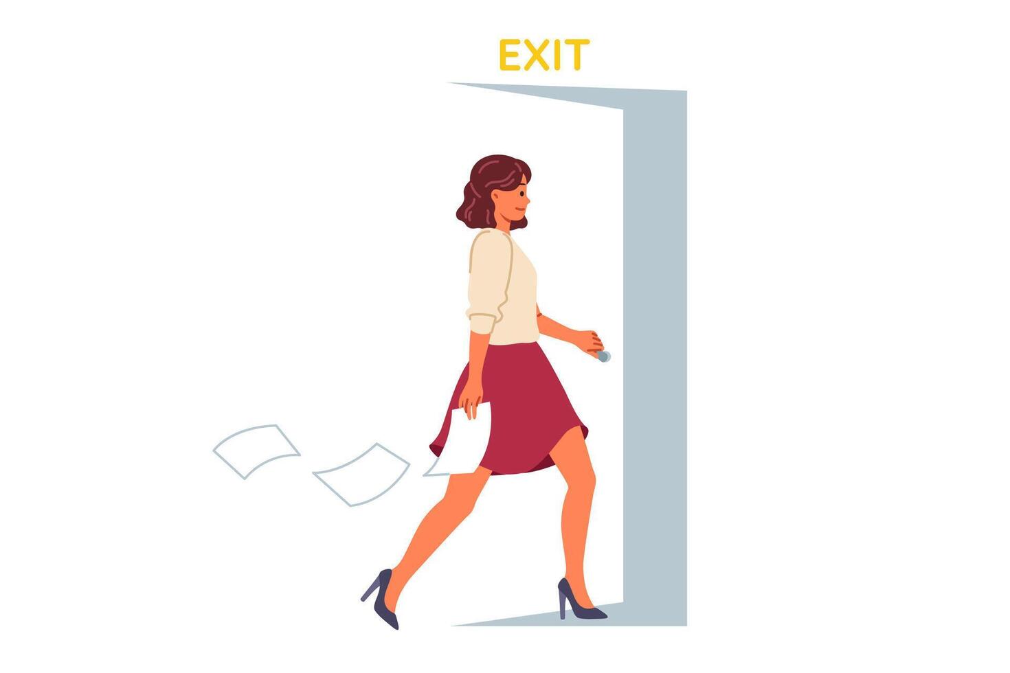 Resigned businesswoman walks out open door, refusing to work under unfavorable conditions vector
