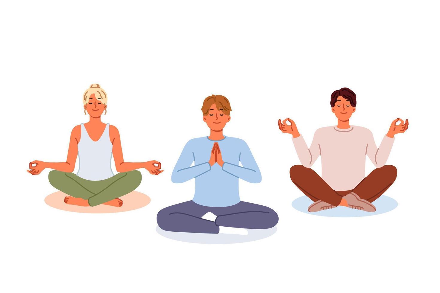 People meditate sitting in lotus position, visiting yoga studio and learning buddhist practices vector