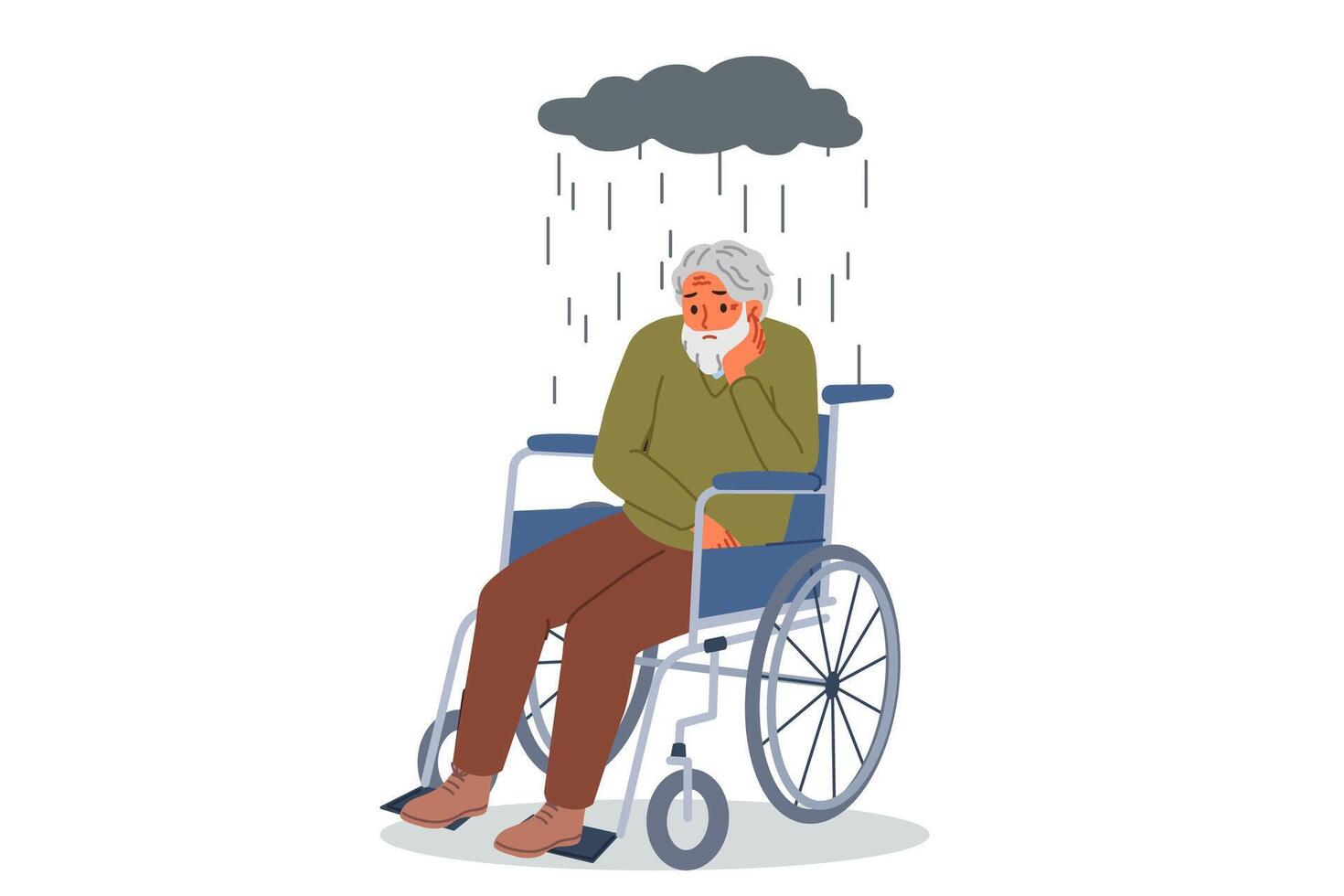 Elderly man in wheelchair suffers from loneliness and lack access to walks, sitting under rain cloud vector