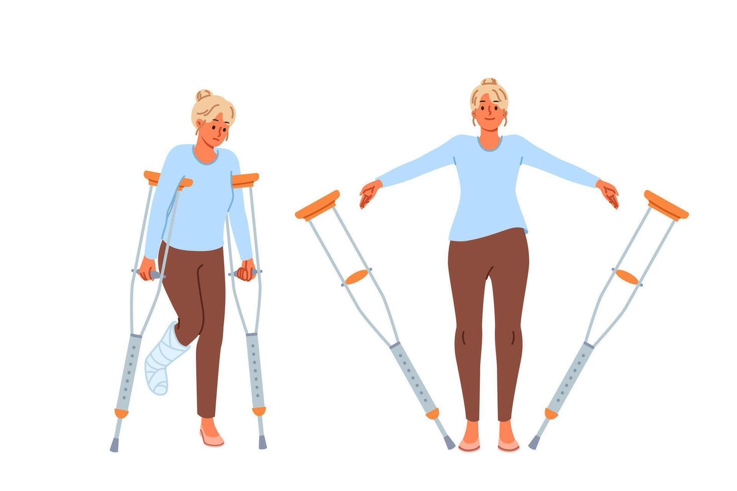 Disabled woman with broken leg throws away crutches after rehabilitation and procedures in clinic vector
