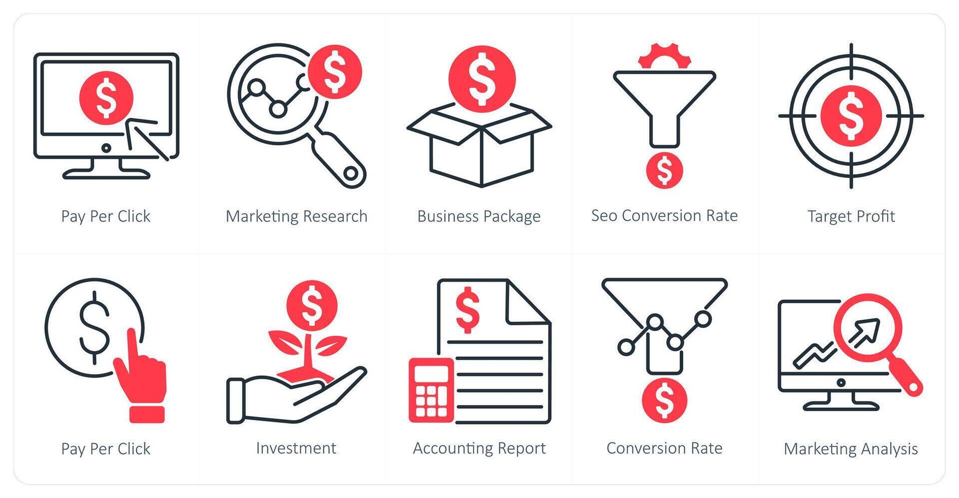 A set of 10 seo icons as pay per click, marketing research, business package vector