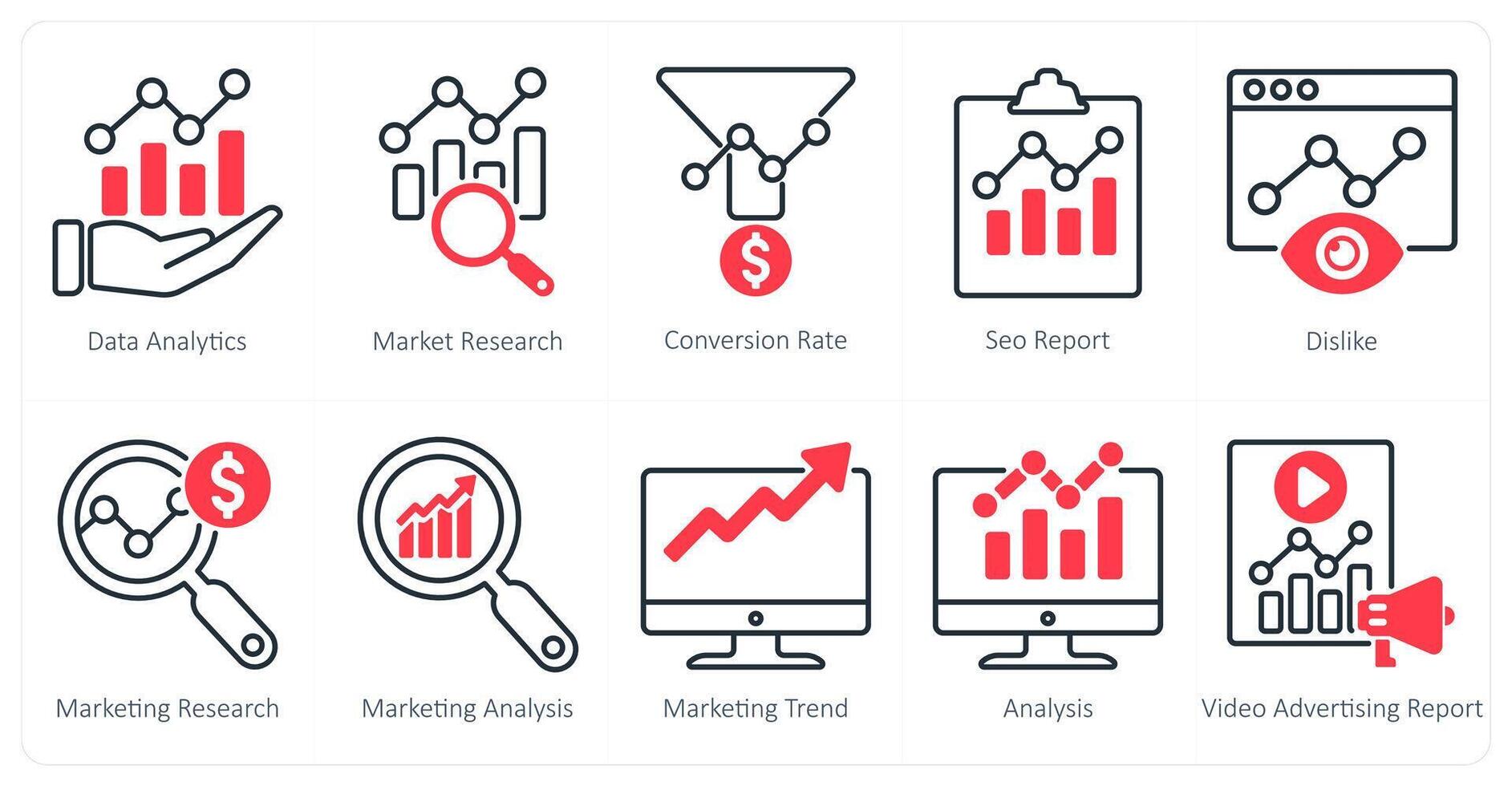 A set of 10 seo icons as data analytics, market research, conversion rate vector